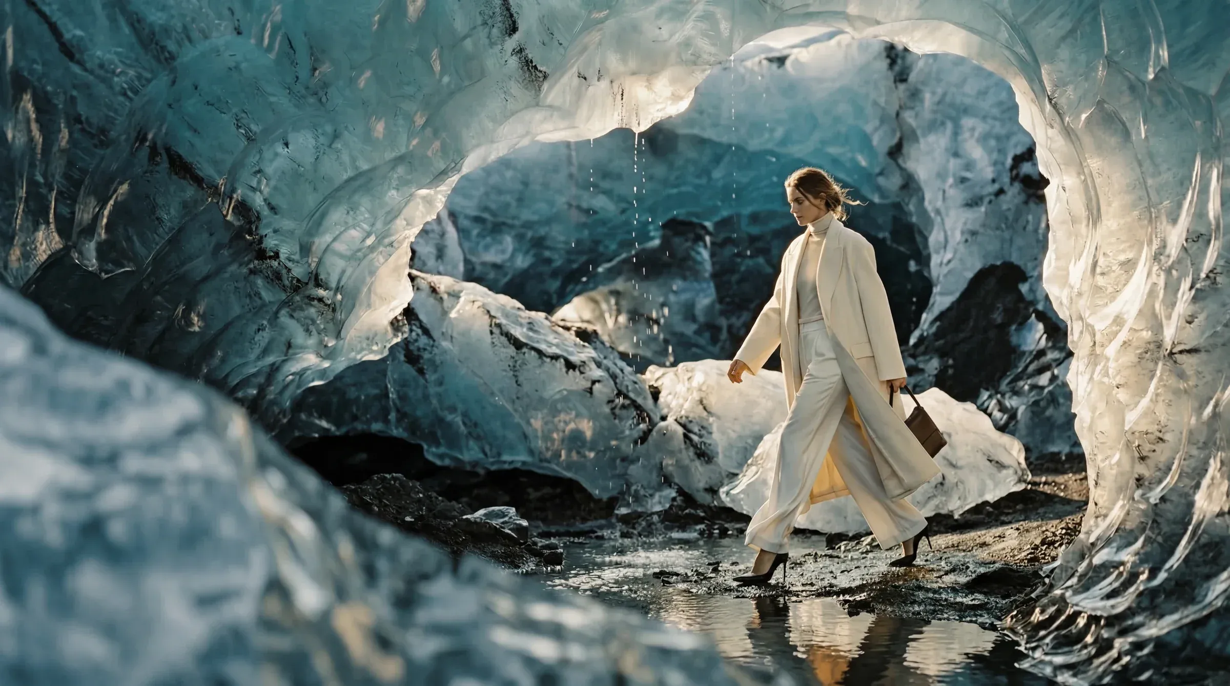Cinematic luxury outerwear scene for premium trim storytelling