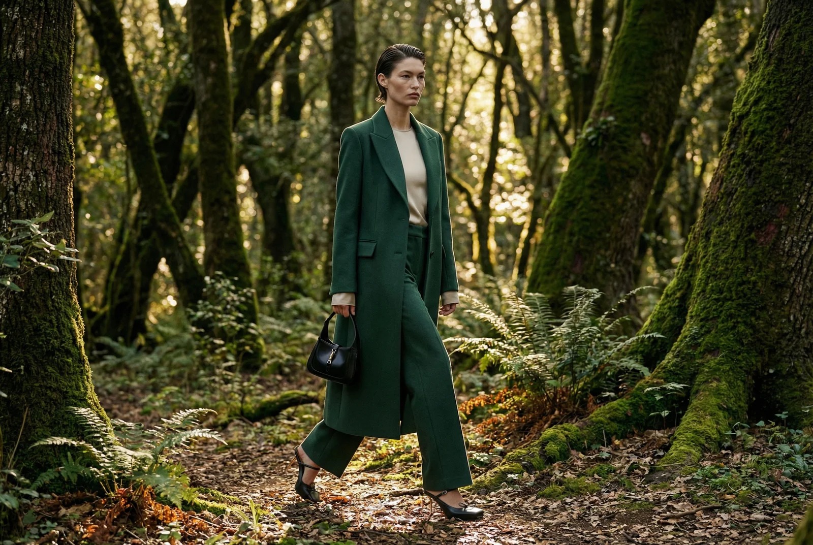 Tailored coat and bag hardware in a forest setting