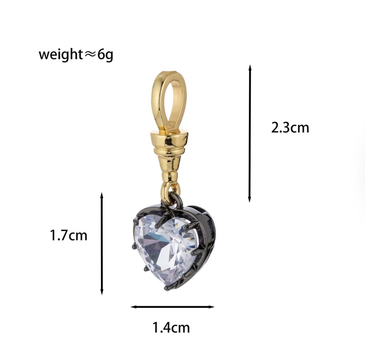 Heart pendant specification reference showing separate heart and upper clasp dimensions and approximately 6 g weight